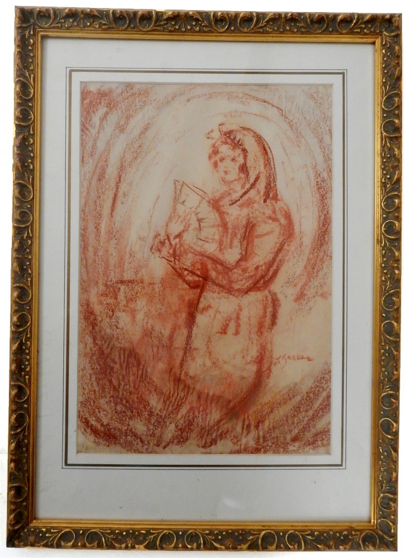 Jacques Zucker, Drawing - Woman: Jacques Zucker (Polish/American, 1900-1981). Drawing of a woman. Sanguine on paper. Signed lower right "J. Zucker". [Sight: 10 1/4" x 15" H; Framed: 15 5/8" x 21 1/4"].