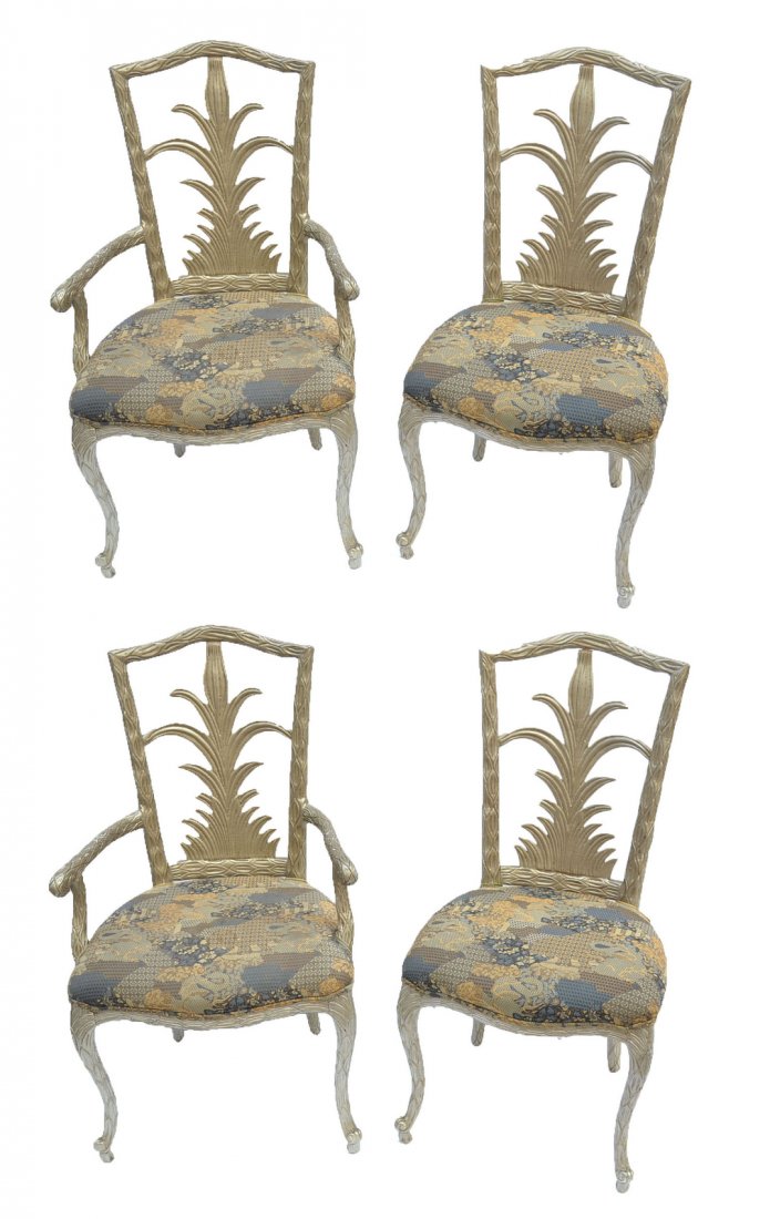 Set of Four Featherback Chairs: Set of four painted feather back chairs. [21 1/4" W x 17" D x 42" H; to seat: 20 1/4" H]. Loss to paint, otherwise structurally sound.