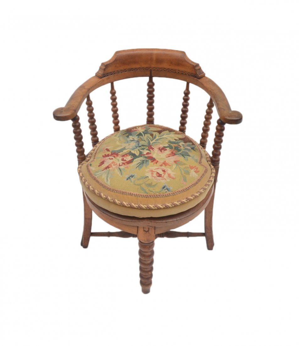 Barreled Turned Back Chair: Oak chair featuring a needlepoint horse decorated seat. [30" H (back) x 24 1/2" L x 18" H (to seat)].