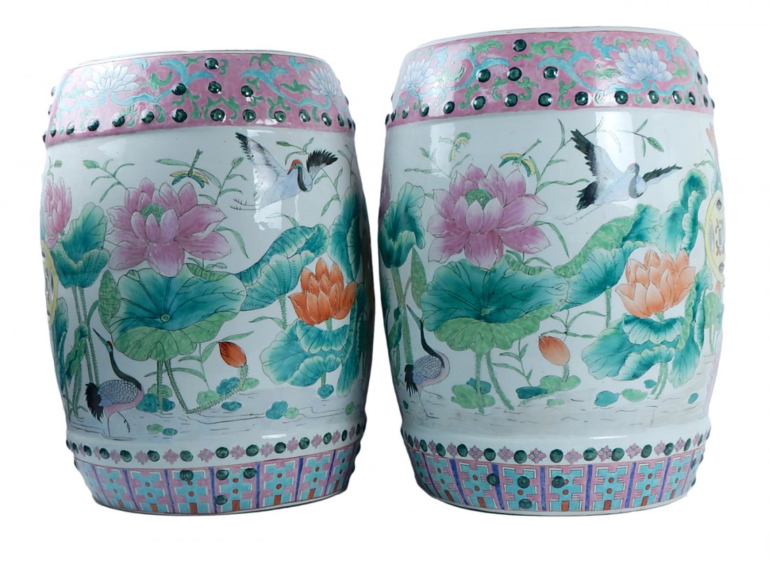 Pair of Asian Style Garden Stools: Pair of large Asian-style ceramic garden stools. Not marked. [Approx: 13" W x 18 1/4" H]. One stool slightly soiled, otherwise good condition.