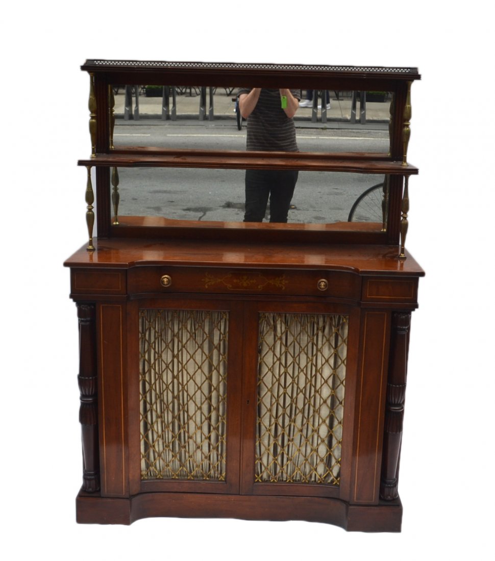 Regency-Style Credenza: 20th century mahogany two-door credenza, with a mirrored back superstructure and grill doors. [44" W x 16 1/2" D x 60" H]. Scratches, blemishes, but otherwise in overall good condition.