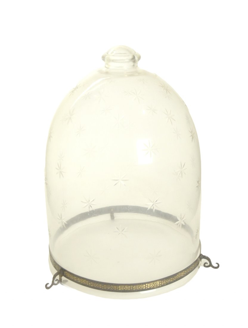 Star Motif Bell Jar Lantern: Three light bell jar lantern with engraved 8-pointed star motif throughout. Bears a three hook metal band. [14" Dia x 19 1/2" H]. Good condition.