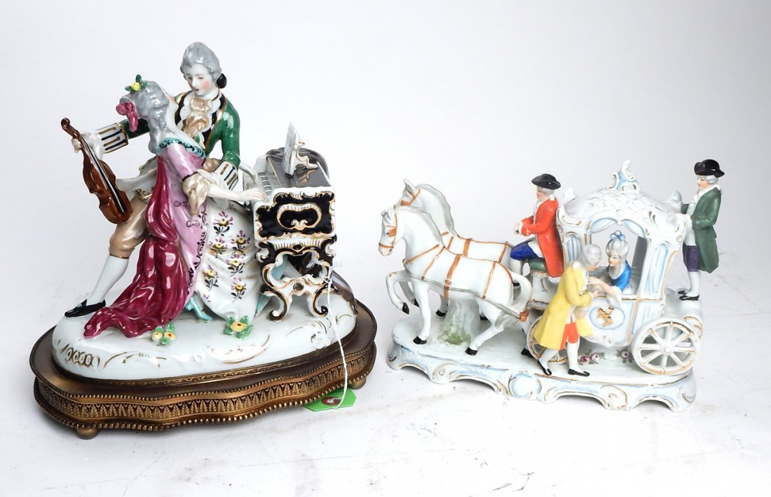 Porcelain Horse Group and Musical Group: Consists of a group of figures and with a horse drawn carriage and a group of two figures at a piano. [10" W x 10" H]. Horse has a broken ear, minor losses to fingers on both.