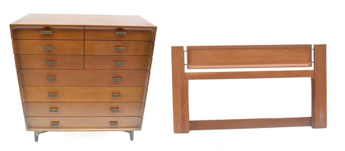 J. Spence Chest of Drawers & Headboard: Modern bedroom chest of drawers designed by J. Spence, Made in Mexico, Consists of six top smaller drawers and four larger bottom drawers on metal legs; accompanied by the matching full sized headboar