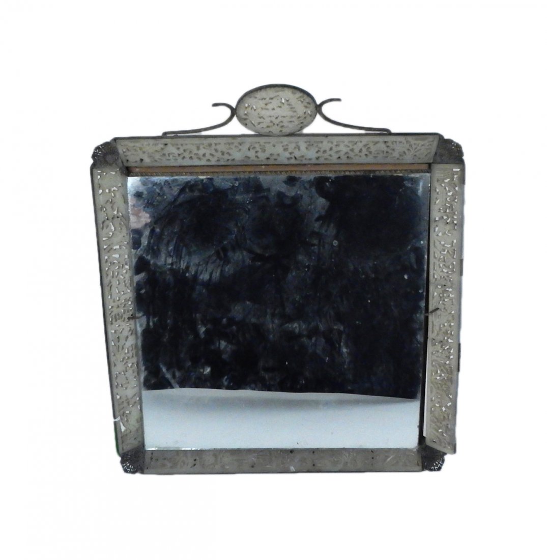 Table Mirror with Hardstone Panels: Asian-style vanity table mirror/plateau with reticulated hardstone panels and disk. [15 1/2" Square x 1 1/2" H]. One hardstone panel is cracked, sold "as is".