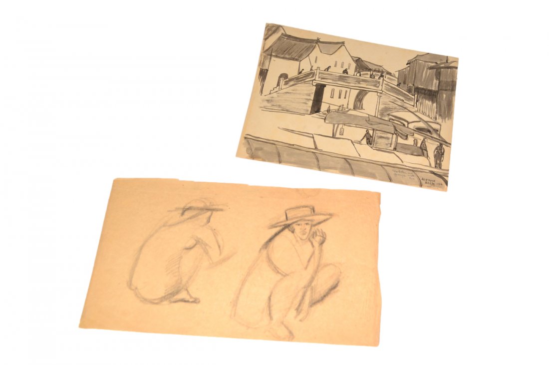 Jerome S. Blum, Ink and Wash: Chinese canal scene. Depicts figures and footbridges over a canal with buildings in background. Signed and inscribed at bottom right "To Helen and George With Love. Jerome Blum 1916, China". [Art: 12"