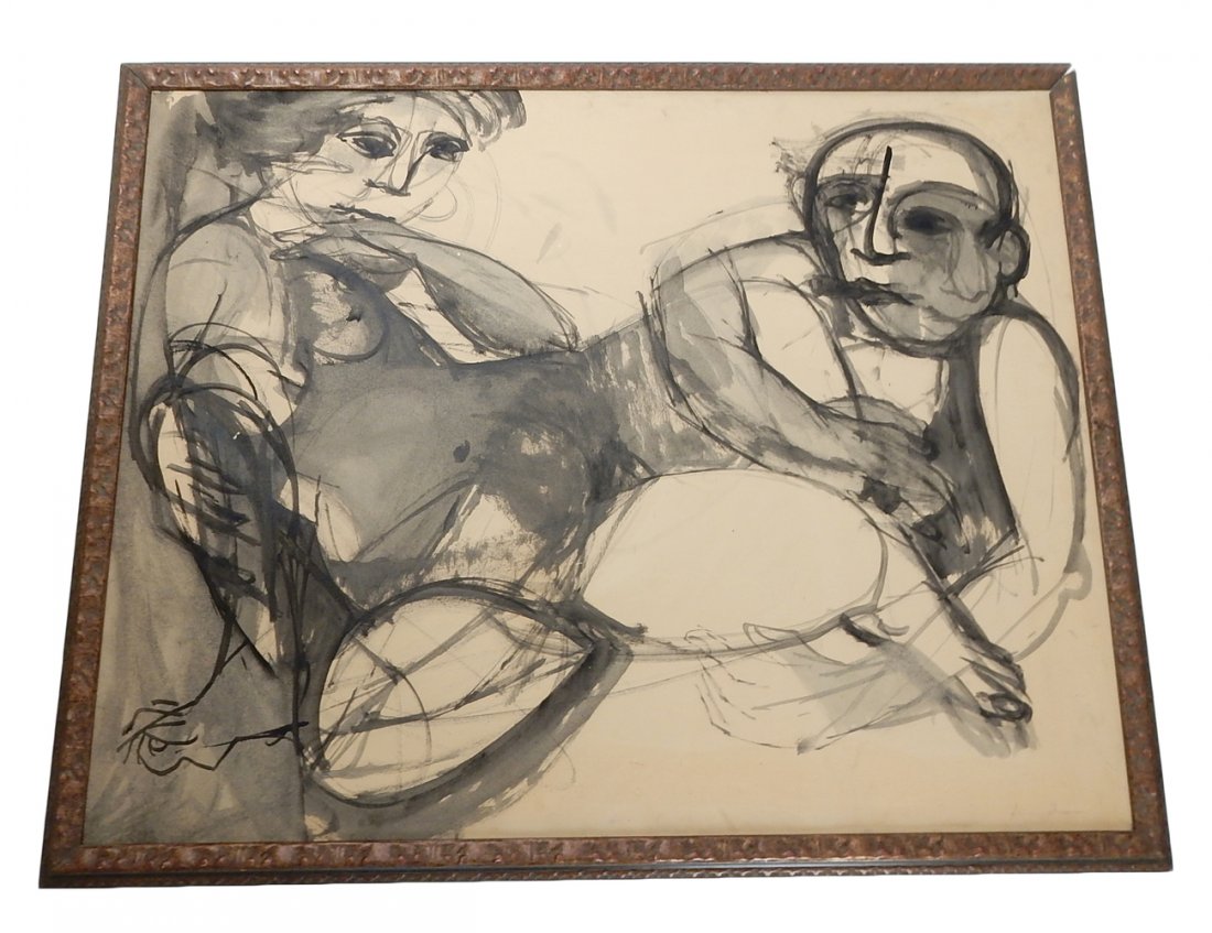Draing Sarai Sherman, Painting: Draing Sarai Sherman, oil wash on board of a couple. Signed in lower righter corner. Framed. Provenance: Aca Galleries, New York. [Sight: 33" W x 41 3/4" H; Frame: 36 1/2" W x 45" H].