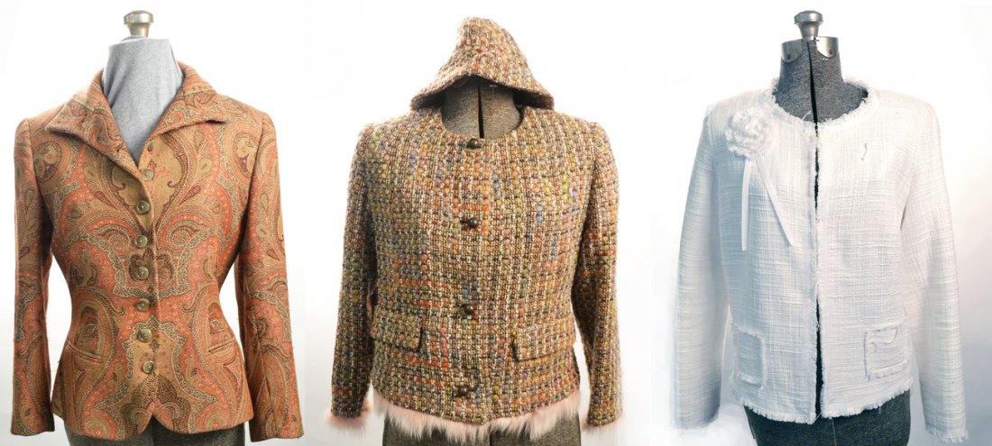 Group of Three Ladies Jackets: Group of three ladies jackets. Comprising: 1.) Ralph Lauren (size 10) jacket with paisley decoration. 2.) White jacket (size 42) labeled "Mariely Paris". 3.) Tweed ladies jacket (size 6) with matching