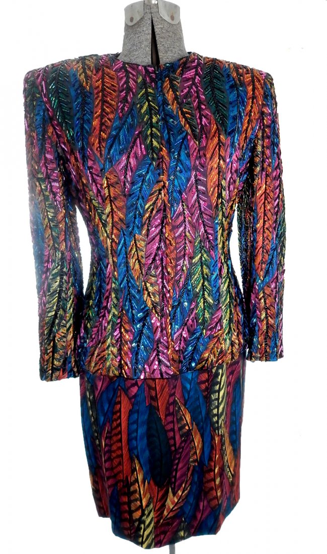 Bob Mackie Beaded Evening Suit: Bob Mackie multi-colored beaded jacket with matching non-beaded skirt. Size 8.