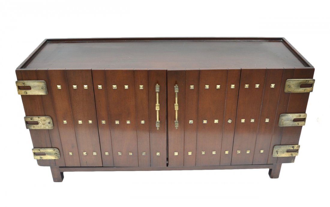 J. Spence - Modern Credenza: Modern credenza, industrial and campaign style mounts. Two folding doors. [60" L x 20" D x 32" H].