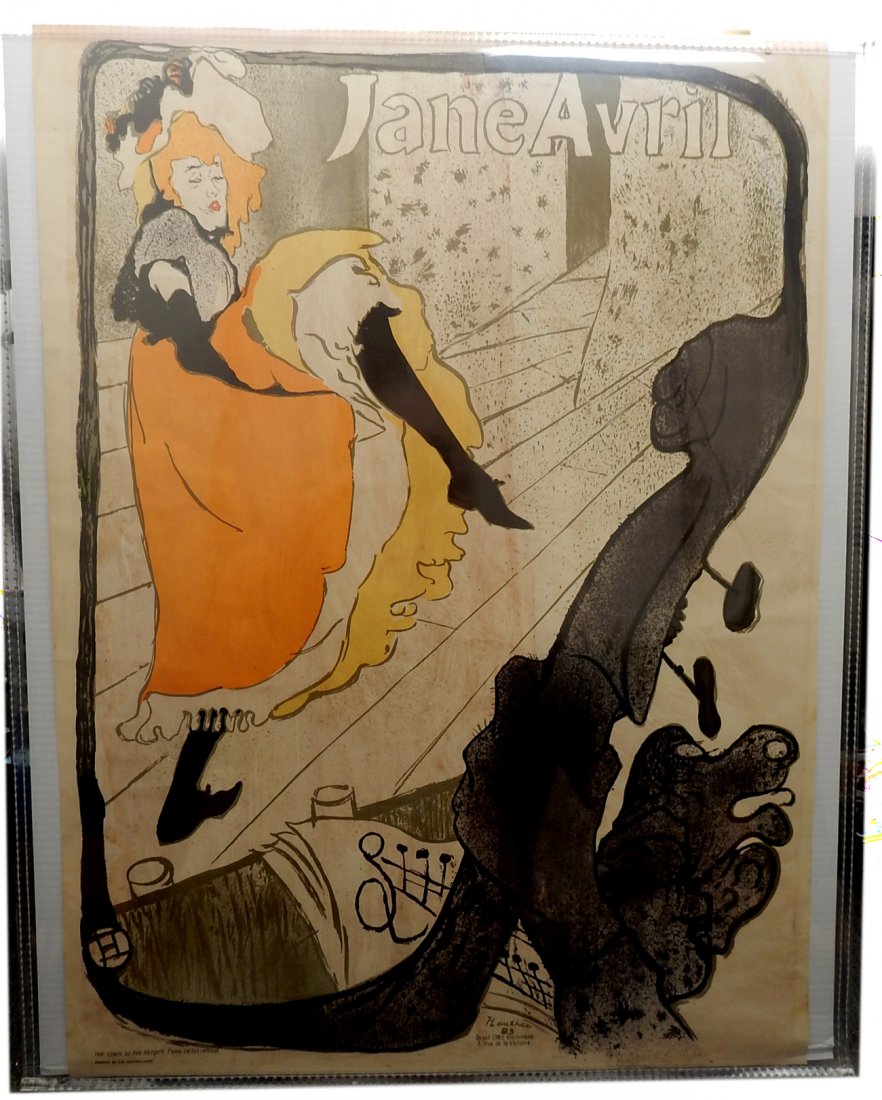 Toulouse Lautrec Jane Avril Poster: Toulouse- Lautrec Jane Avril 20th century museum poster lithograph. [23 3/4''W x 32 1/4'' H]. Discoloration and glue residue.