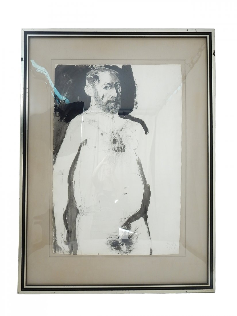 Leonard Baskin, Ink Drawing: Self portrait pen and brush composition on paper depicting the artist in a 3/4 length nude pose. Signed bottom right "Baskin/1963". [Art: 27" x 40"; Frame: 40 1/2" x 55"]. Light toning and pinholes at