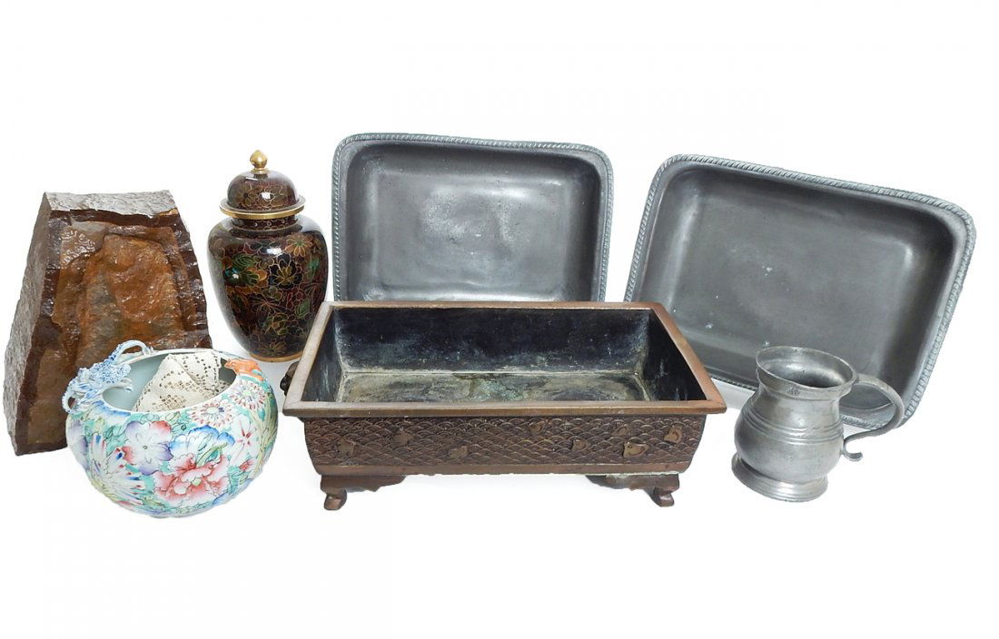 Lot of 7 Asian and Pewter Items: Comprising: 1.) Bronze Plaster with elephant heads. 2.) Porcelain bowl with dragon and bat (damages). 3.) Cloisonne urn with cover. In good condition. 4.) Mineral specimen bookend. 5.) 19th century pe