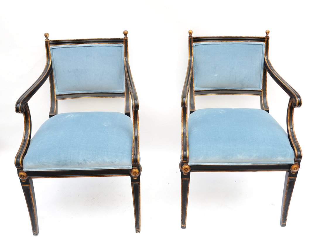 Pair of Painted Armchairs: Pair of black and gold painted arm chairs with blue velvet upholstery. {24" x 24" x 32 1/2", 19 1/2" H to seat]. Upholstery slightly worn, minor paint loss. Otherwise in good condition.