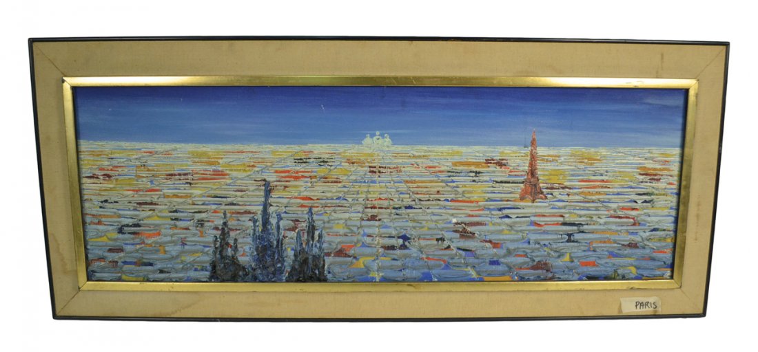 "Tomy '63 Paris", Oil Painting: Oil on canvas. Heavy impasto painting. Signed on the back "Tomy 63 Paris". [Canvas: 35 1/2" x 12"; Frame: 40 1/2" x 17"]. In overall good condition. Scratches.