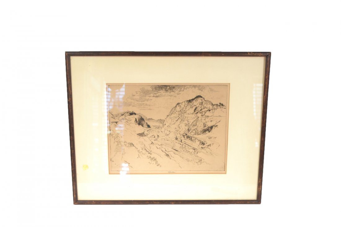 Joseph Pennell, Lithograph: "Culebra Cut...". Panamanian landscape with hills and artificial valley with train tracks. Inscribed in-the-plate "Culebra Cut from the Vista de Oro". Signed at center in bottom margin "J. Pennell," i