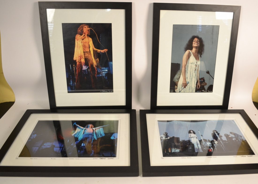 Jason Laure, Photos - Daltry, Slick: 4 color C-prints depicting live performances at the 1969 Woodstock Festival. Comprises 2 images of Roger Daltrey and 2 of Grace Slick. All signed and inscribed at bottom edge. [Images (sight): 9 1/8"