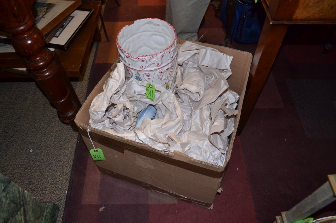 10+ Porcelain and Glass Items: Comprises: 1.) Small "Moorcraft" nut tray [3" Dia], 2.) Victorian tobacco jar. 3.) Two dresser jars. 4.) Flow Blue cup and saucer, 5.) Three porcelain "France" cups and saucers (cup chipped), 6.) Cope