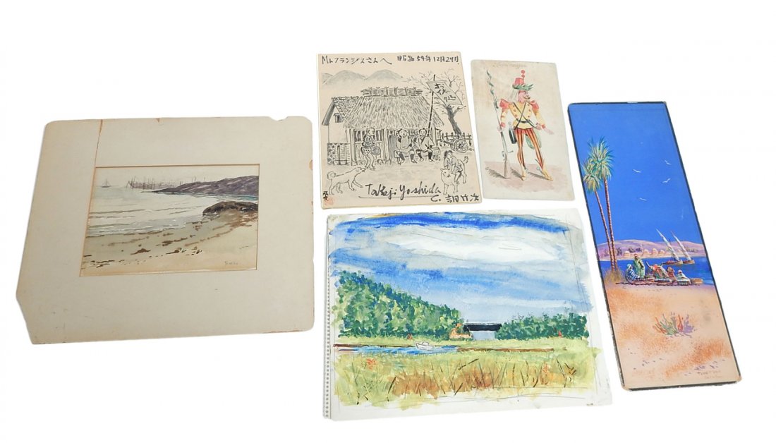 Assortment of Paintings: Assembly of various paintings. Comprises: 1.) Beach watercolor signed "Foster", 2.) Pair of Walter Jacobs landscape watercolors, 3.) Watercolor of a military costume study, 4.) Gouache of an Egyptian 