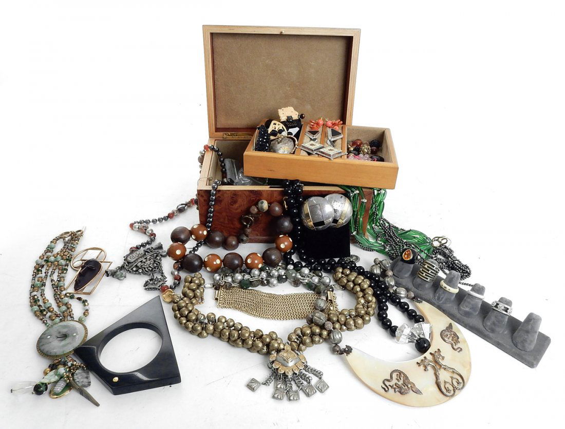 Assorted Costume Jewelry: Designers include: Philippe Ferrandis, Navarro, Alexis Bittar, among others. Accompanied by several unsigned vintage pieces and some sterling. Contained together in a maple veneer jewelry box.