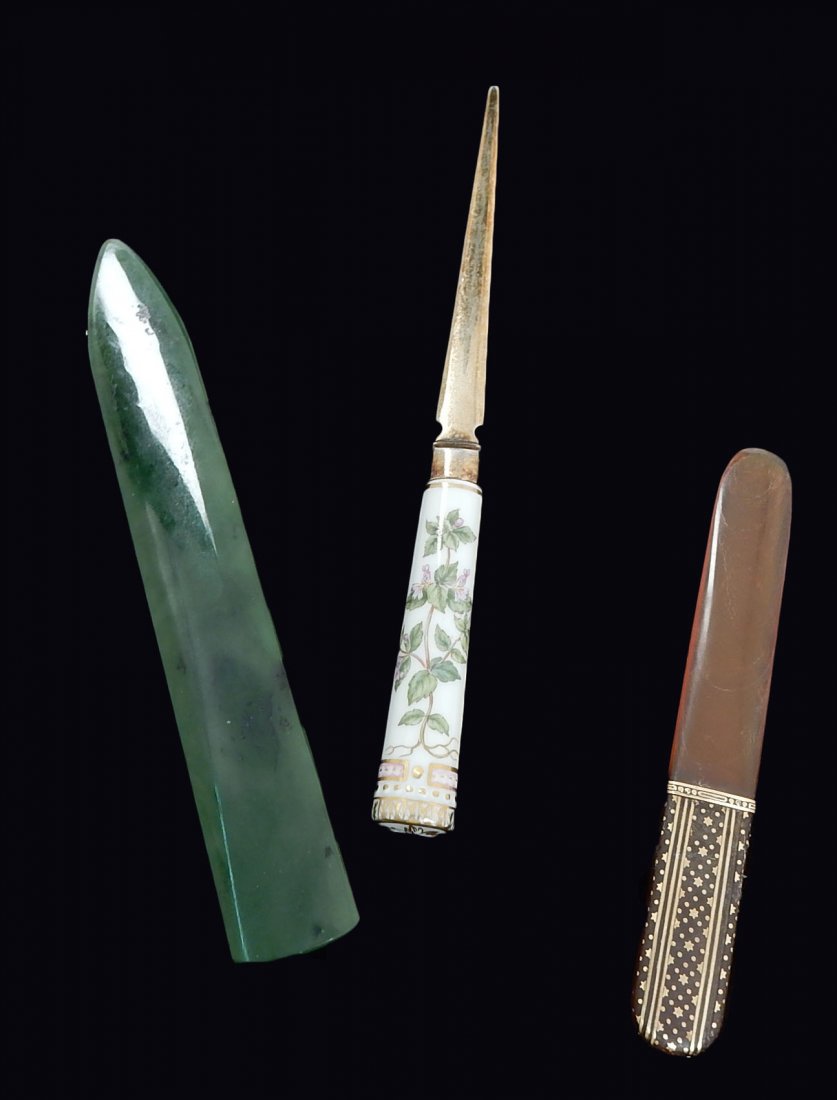 14k Cartier Letter Opener, 2 others: Signed Cartier 14k gold inlaid, signed "New York, Paris, London". Accompanied by spinach jade and a Copenhagen porcelain and silver piece signed "A. Michelsen".