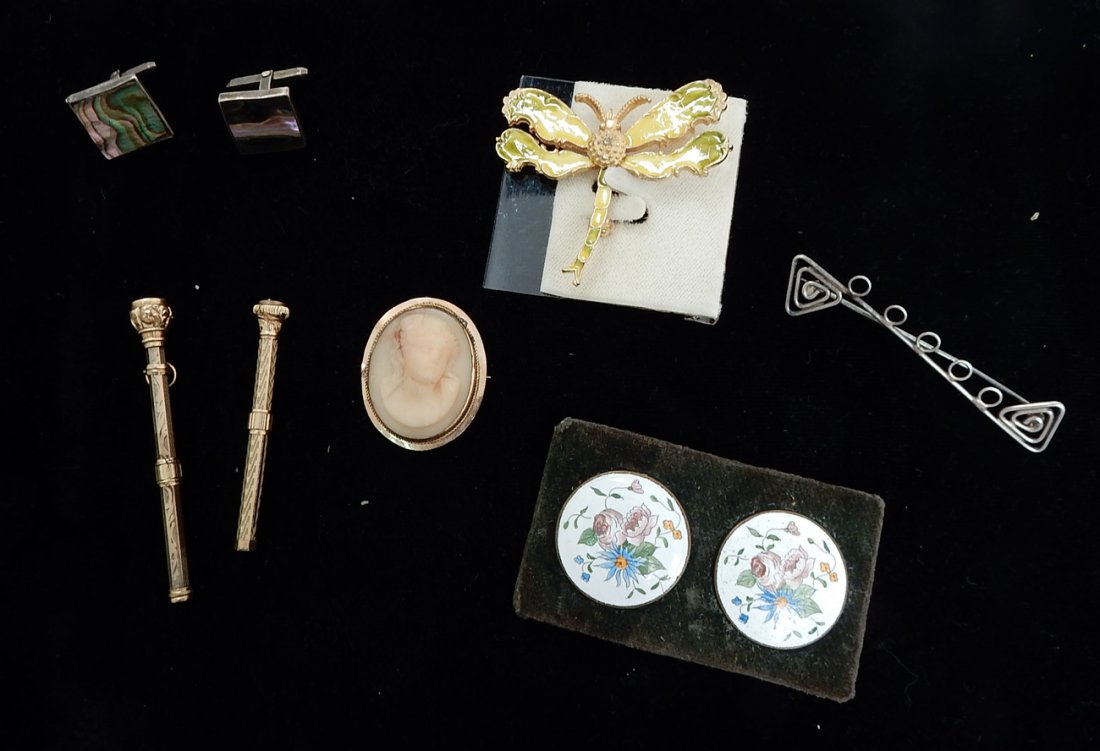 Calder-Design Pin, Assorted Items: Vintage lot of jewelry includes a pin, pair of earrings, amethyst and gold pen liner, faux cameo, pair of enamel buttons, enamel butterfly.