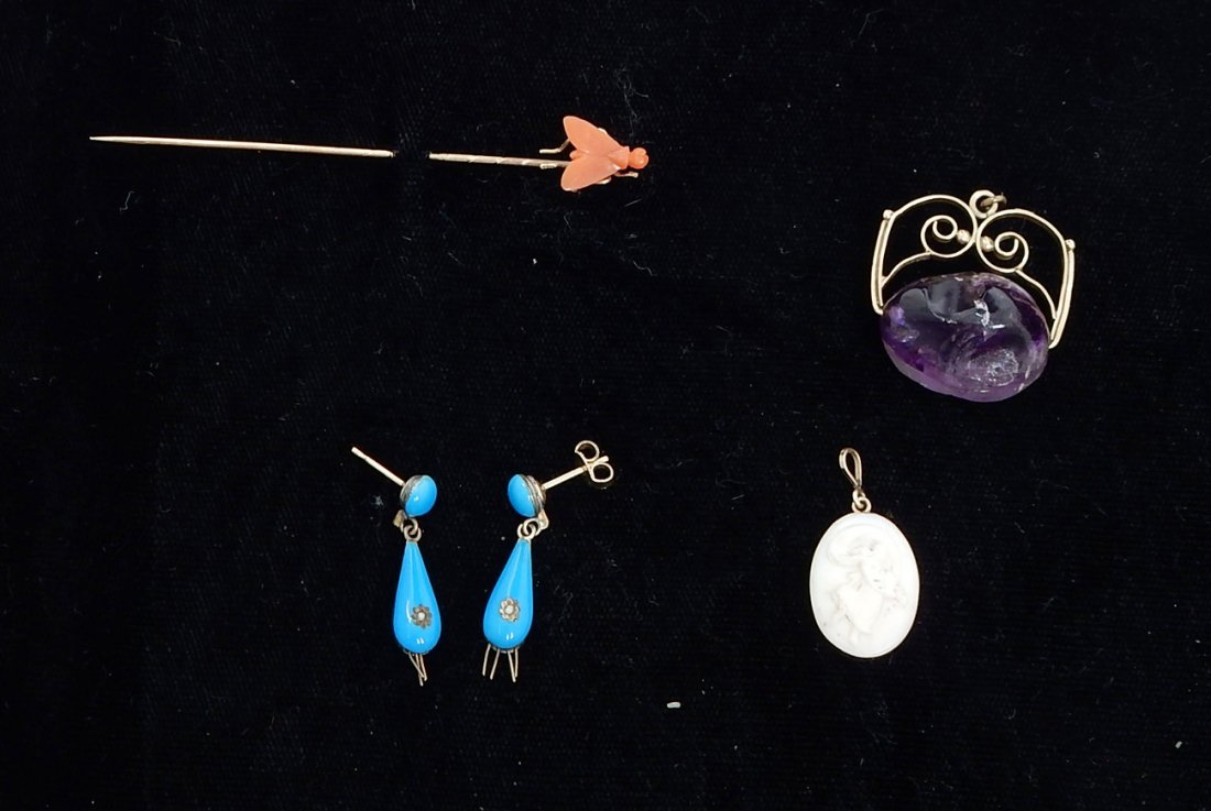 Jewelry Lot: Turquoise, Coral and More: Comprises: coral fly stickpin; 14k yellow gold filigree pendant; jewelry set with amethyst; 14k oval pendant with intaglio girl.