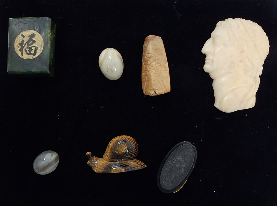 Ancient-Style Objects, Jade Seal: Includes: Bust of Caesar, Inuit amulet; hardstone snail with base; two onyx stones, jade seal.