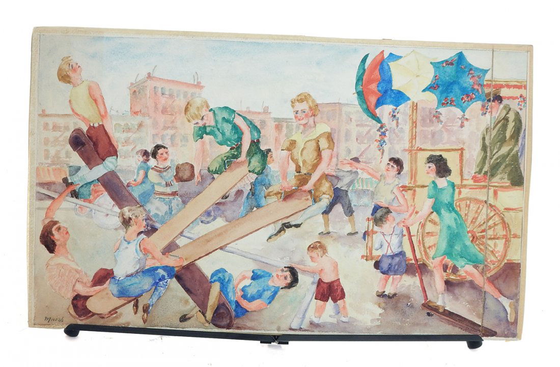 Style of Reginald Marsh, Watercolor: Watercolor painting of Coney Island in the style of Reginald Marsh. Signed Marsh in the lower left. Unframed. [21 1/2" x 13"]. Crease to the right side, otherwise good condition.