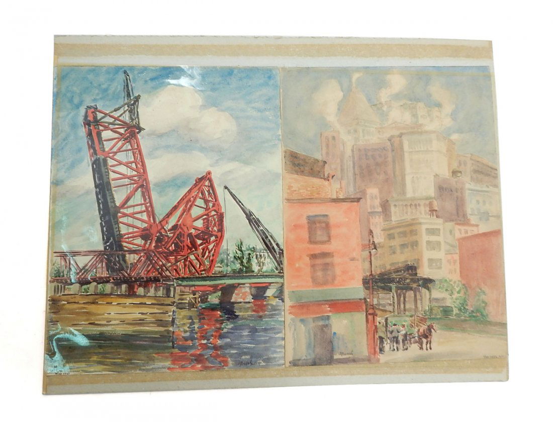 Pair of Reginald Marsh Lithographs: Pair of signed Reginald Marsh lithographs. One is of the Chinese Bridges in Newark, dated 1921. The other is a New York cityscape, dated 1922. Each [9" x 12"]. Both are unframed but in good condition.