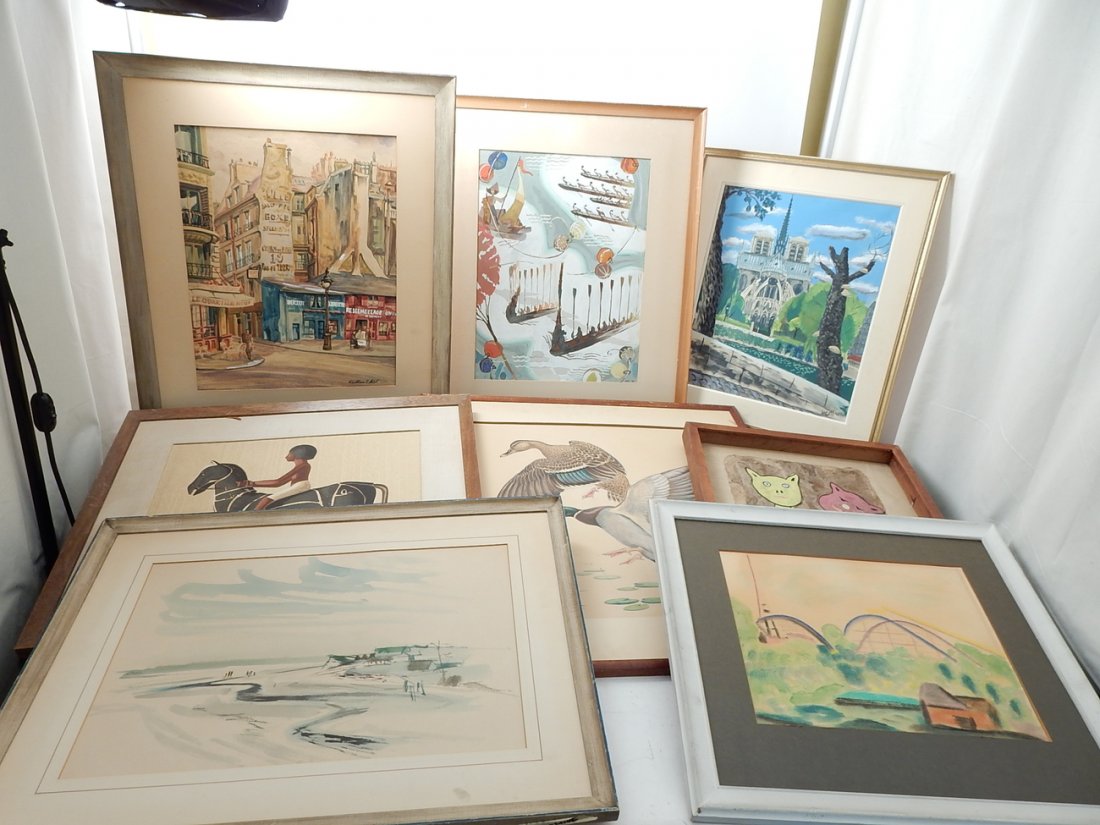 Lot of Various Artworks: Assortment of 8 works of art. Comprising: a pair of colorful cats gouache painting; gouache painting of Notre Dame, Paris; gouache of dragon boat races, signed; vintage watercolor of coastline figures
