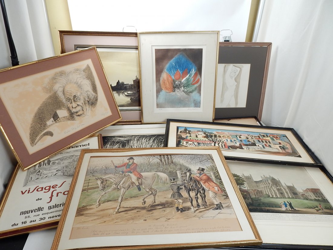 Group of 8 Works on Paper: Assembly of various artworks on paper. Comprises: signed lithograph print of Venice at sunset; color etching of a peacock feather; Amy Jones etching of harvesting wheat; graphite seascape drawing of f