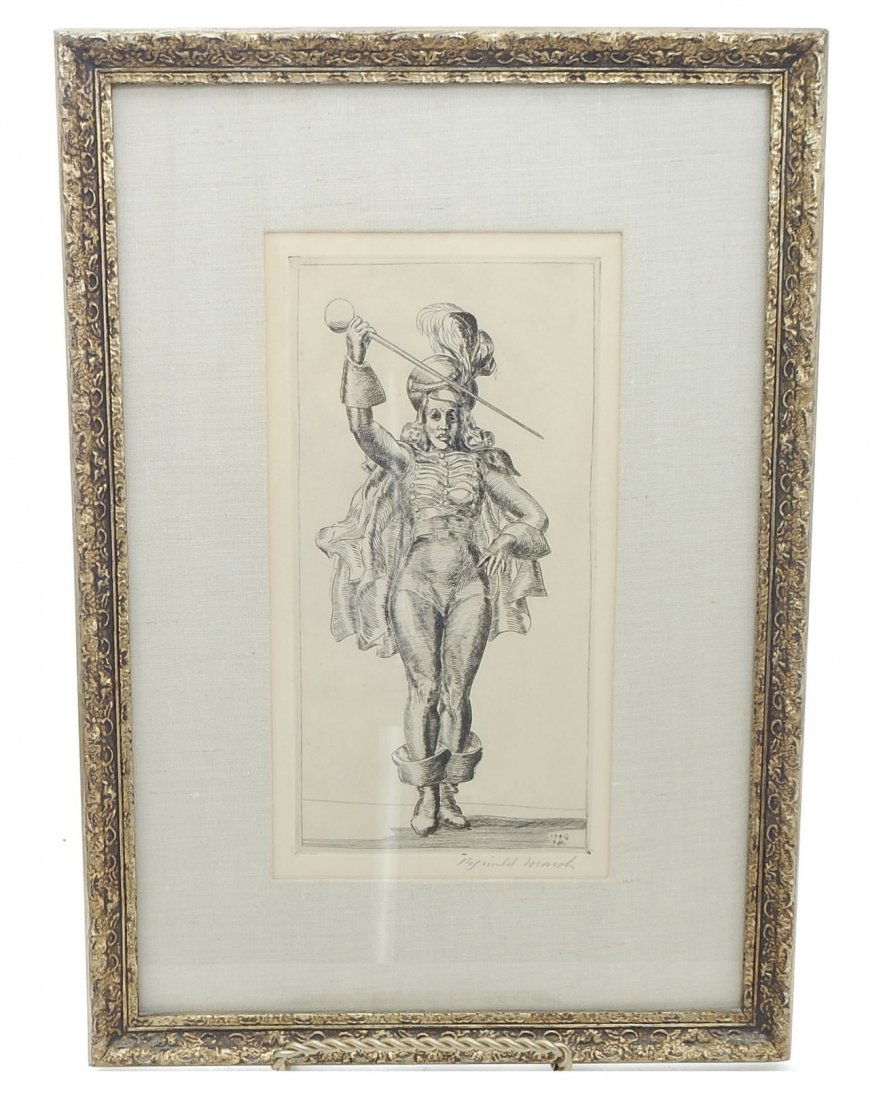 Reginald Marsh, Etching - Majorette: Standing full-length depiction of a majorette with baton. Inscribed in-the-plate "1940/H.M." and signed in pencil at bottom right margin "Reginal Marsh". [Image: 5 3/4" x 10 3/4" on larger sheet; Fram