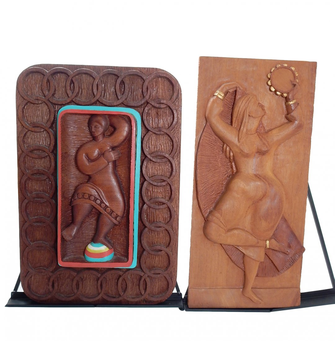 Leonora Arye, Pair of Carvings: Pair of figural wood carvings, signe "L. Ayre". [15 1/2" W x 25" H].
