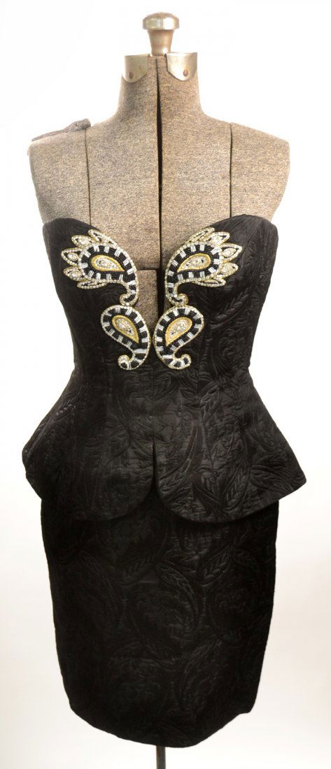 Bob Mackie Black Strapless Dress: Bob Mackie black strapless dress with jeweled bodice. Size 8. Bears Bob Mackie label. Good condition.