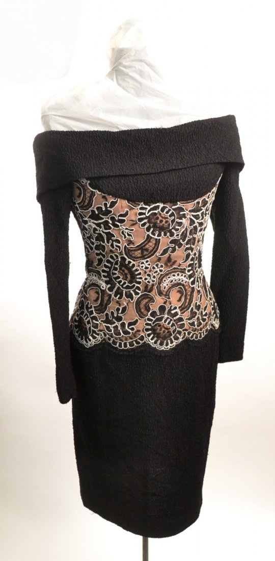 Bob Mackie Long-Sleeve Dress: Bob Mackie long-sleeve off-the-shoulder cocktail dress with lace bodice. Size 6. Bears Bob Mackie label. Good condition.