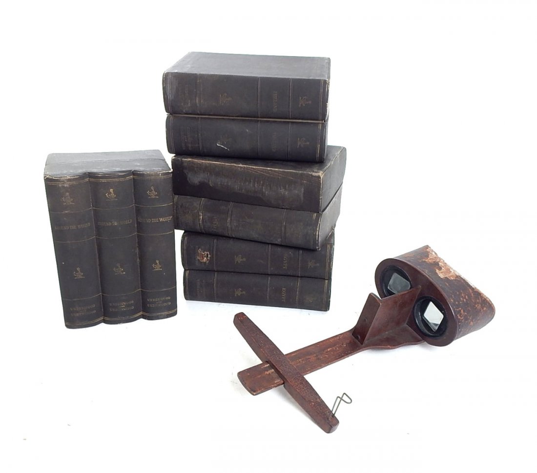 Antique Stereo Viewer and Cards: Stereo viewer accompanied by salt print and glossy black & white photographic cards in four faux book-binding boxes. Imprinted "Underwood & Underwood". Approximately 250+ cards of "Ireland", "Egypt", 