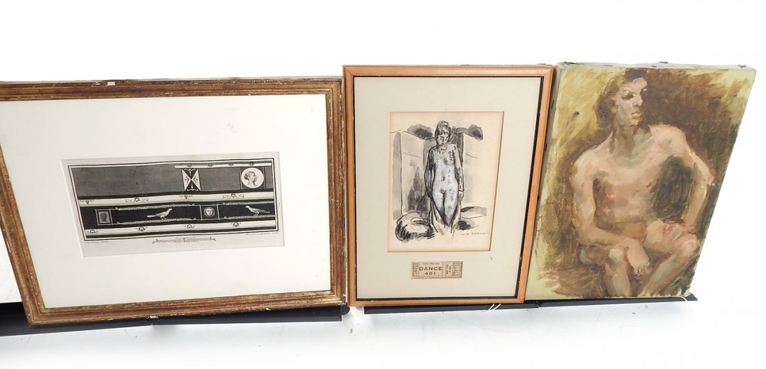 Three Works of Art: Comprises: 1.) Charles-Auguste Edelman, mixed media on paper of a standing 3/4 length female nude. Matted with a dance ticket. [Art; 5 1/8" x 7"; Frame: 9 1/4" x 12 1/8"]. 2.) Carol Hamann Howard, oil
