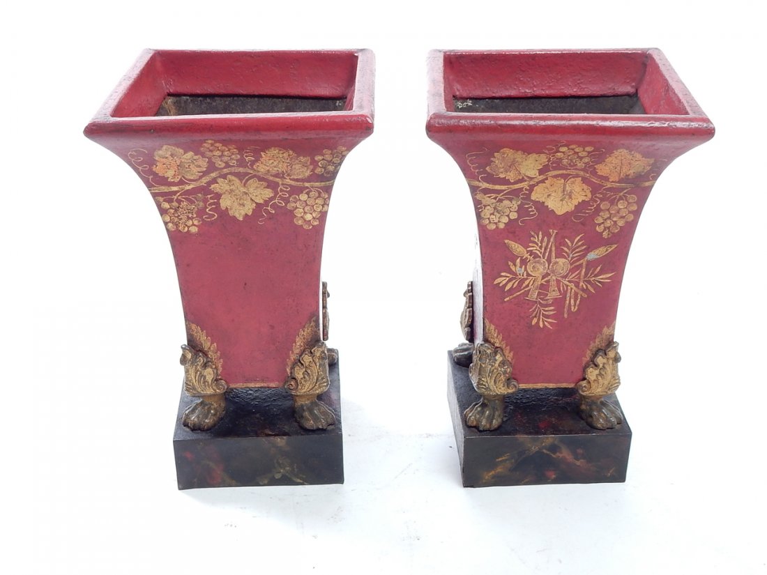 Pair of Painted Tole Urns: Pair of painted tole urns with gilt decoration and gilt claw feet. [4 1/2" W x 4 1/2" D x 8" H].
