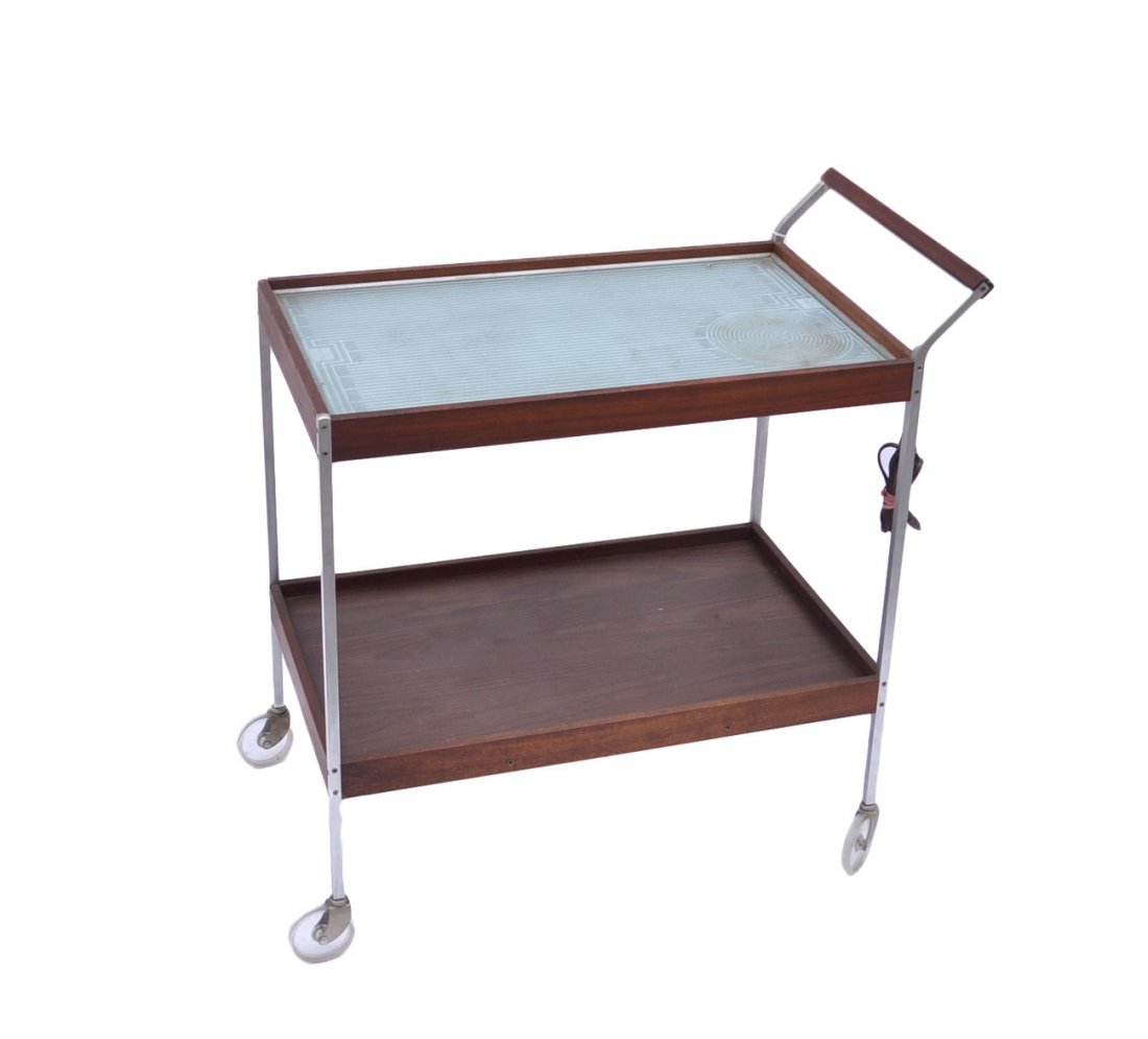 Vintage Heated Hostess Serving Cart: Mahogany and steel frame two-tier serving cart with electric warming top. [16" W x 16" D x 31" H]. In good working condition.