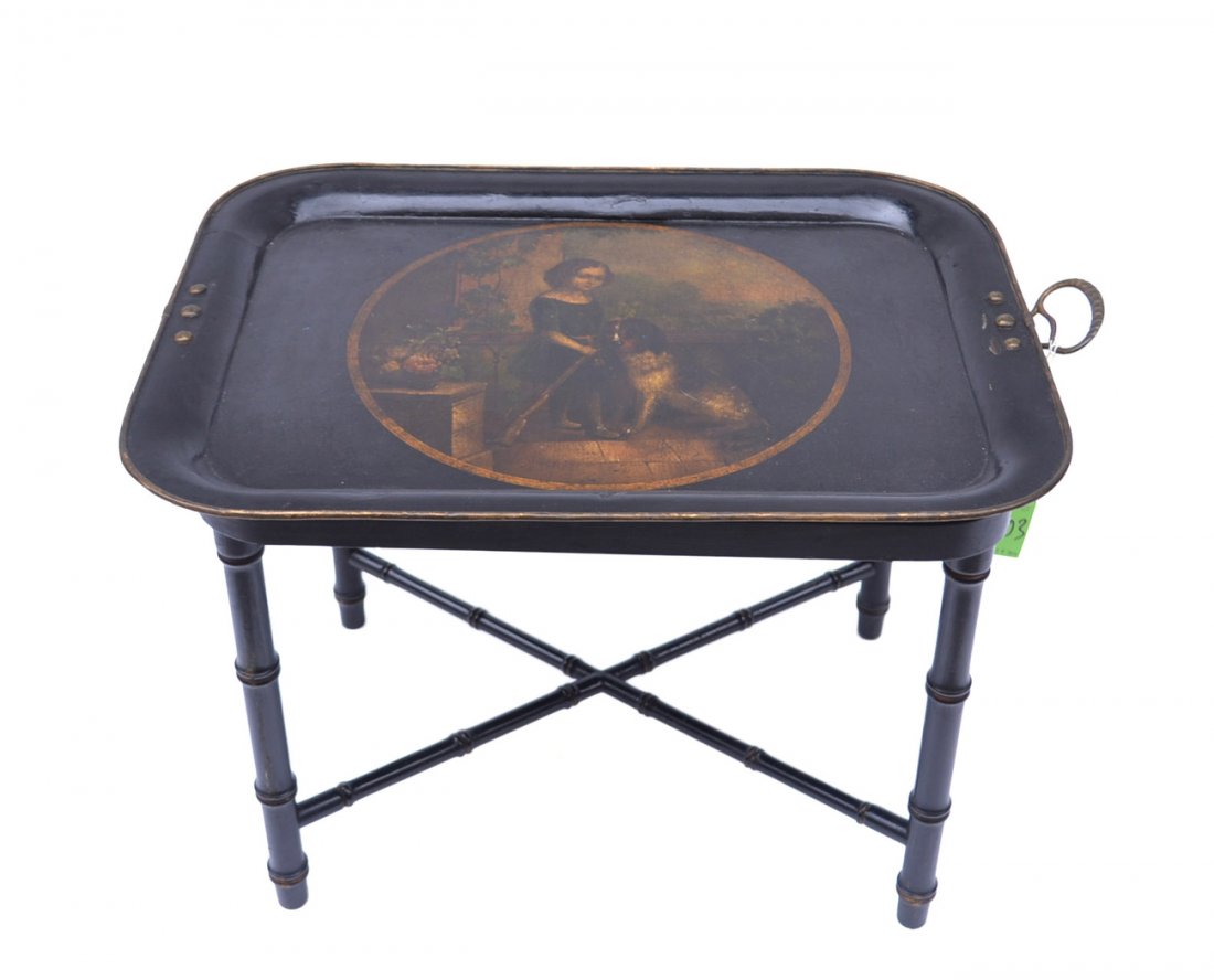 Bamboo & Papier Mache Tray Table: Antique tray top table, the lacquered tray having a portrait of a girl and dog. Removable from bamboo base. [26" W x 18 1/4" D x 18" H]. Restoration to tray, one handle missing.