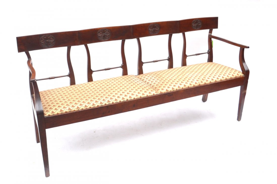 Antique Four-Seat Settee: 18th-19th century walnut settle, having two slip cushions with tree pattern upholstery. [70" W x 21" D x 33 3/4" H; 18" to seat]. Good condition.