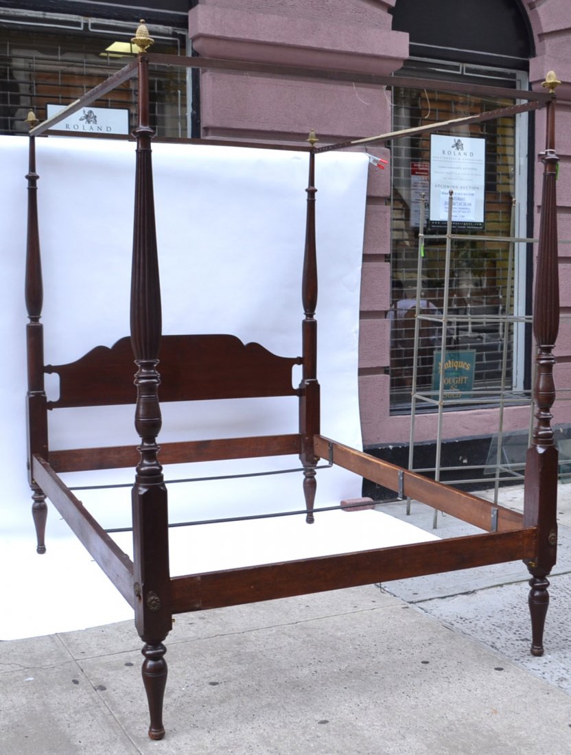 Regency-Style Tester Bed: Antique mahogany four bronze post tester bed with reed-form columns and bronze acorn finials. Queen size. [80-82" L x 63 1/2" W x 85" H].
