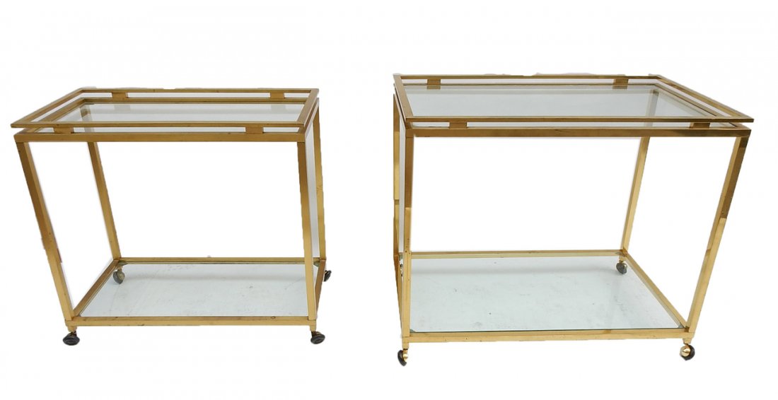 Two Modern Italian Service Carts: Glass top brass tea/service carts. [Larger: 32" x 19" x 27 1/4"]. Surface pitting and wear.