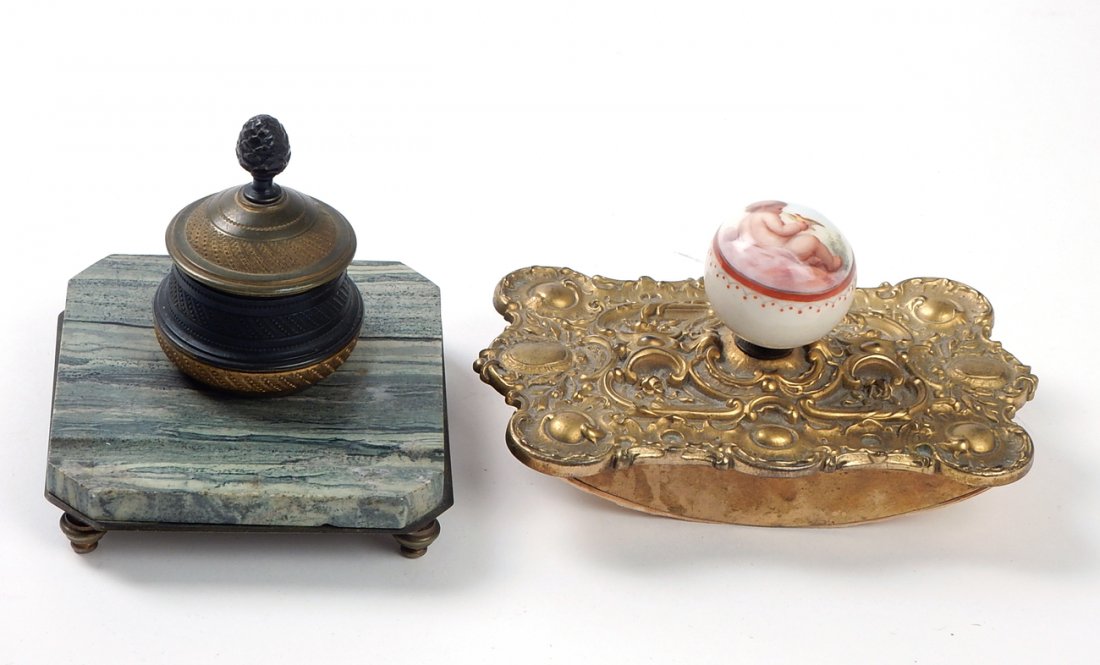 Ormolu Blotter and Bronze Inkwell: Comprises: An ornate French ormolu blotter with hand painted knob of putti, having gold finish. Together with a bronze inkwell, having a glass inset with acorn finial and hard stone base. [4" x 4" x 4