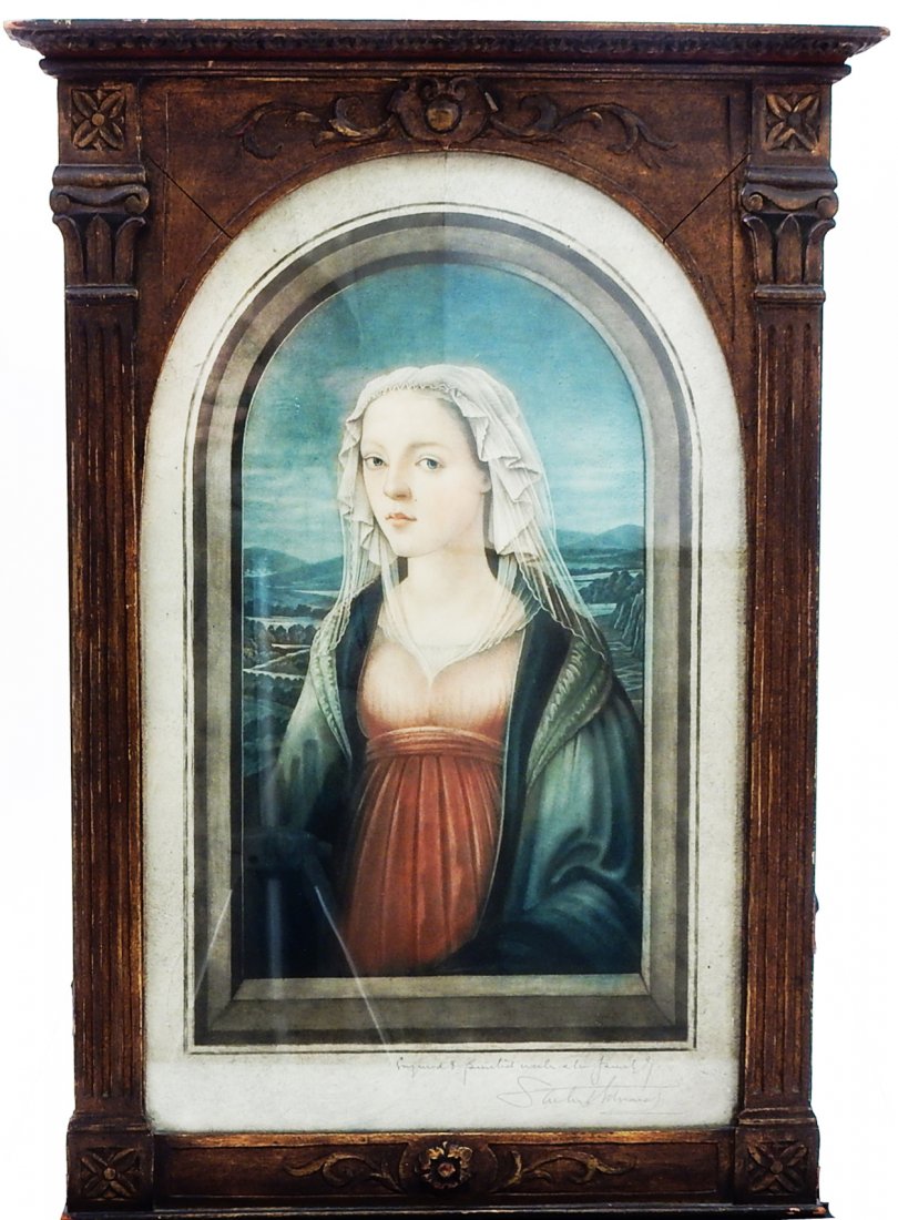 Samuel Arlent Edwards, Mezzotint: "Madonna". Framed color mezzotint signed "S. Arlent Edwards" (1862-1938) after Fra Fillipo Lipi, "Madonna". Carved wood frame. Label on back "M. Knoedler Co". [Sight: 18 1/2" x 11 3/8" W]. Good condit