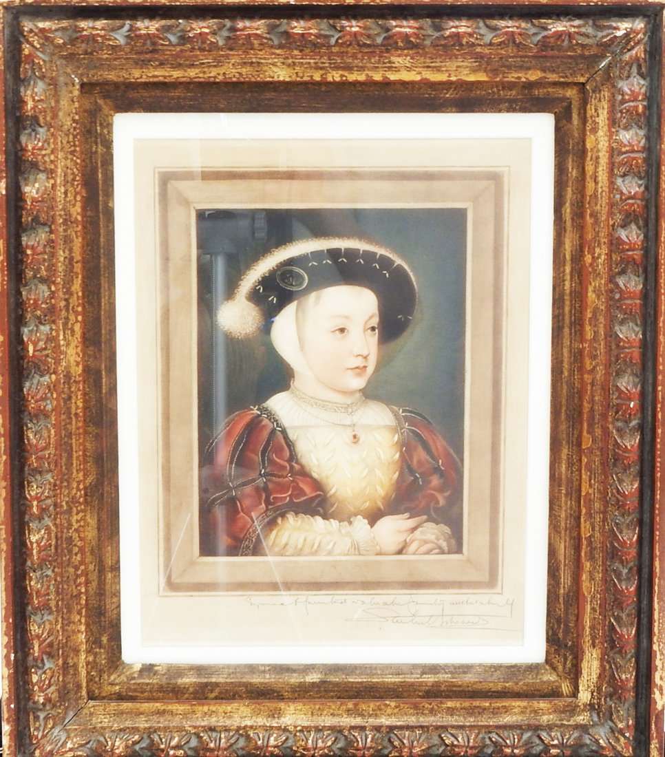 Samuel Arlent Edwards, Mezzotint: "Francois II". Framed color mezzotint signed "S. Arlent Edwards" (1862-1938) after Clouet, "Francois II". Carved gessoed frame. Label on back "Antwerp". [Sight: 12 1/2: H x 9 1/2" W; Frame: 18 7/8" H 