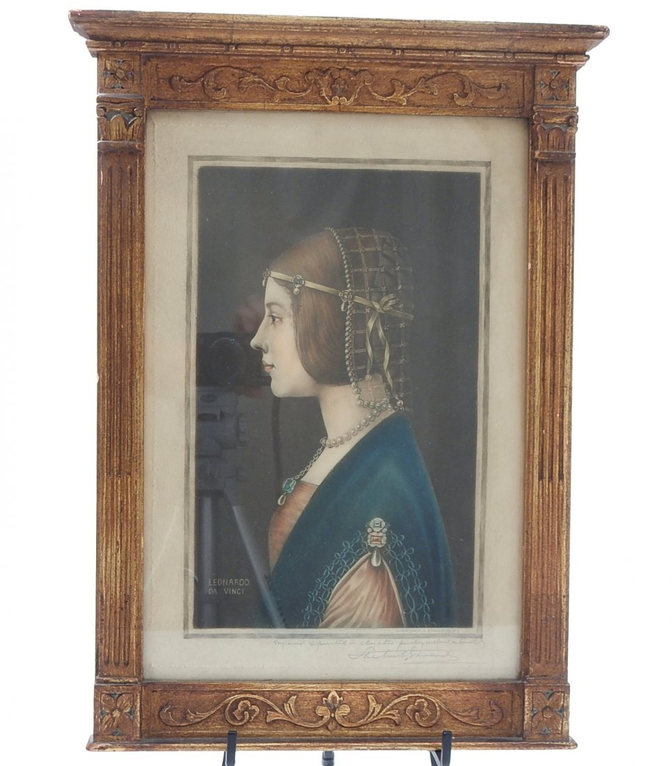 Samuel Arlent Edwards, Mezzotint: "Portrait of a Woman". Framed color mezzotint signed "S. Arlent Edwards" (1862-1938) after Leonardo da Vinci, "Portrait of a Woman". Label on back "M. Knoedler". [Sight: 12 7/8" H x 8 3/4" W; Frame: 1