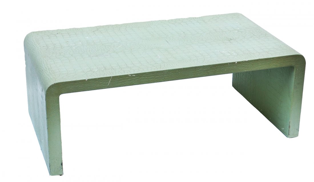 Karl Springer Alligator Coffee Table: Karl Springer green alligator embossed coffee table. [44" L x 24" W x 16" H]. Paint and scuff marks.
