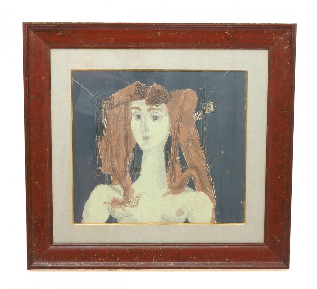 Bernard Reder, "Head of a Woman": Framed color monotype portrait, female nude. Label on verso "Grace Borgenicht Gallery, New York". [Art: 17" W x 14" H; Frame: 27" W x 25" H]. Appears to be in good condition.
